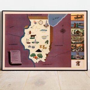Mappa storica dell'illinois/1938 mappa dell'illinois Stampa murale/Arte della parete su tela/Poster vintage/Stampa artistica incorniciata/Stampa poster