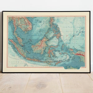 Geographische Karte von Südostasien| Karte Wanddeko | Vintage Karte Wandkunst| Posterdruck | Karte Wandbild | Gerahmter Kunstdruck| Leinwanddruck Karte
