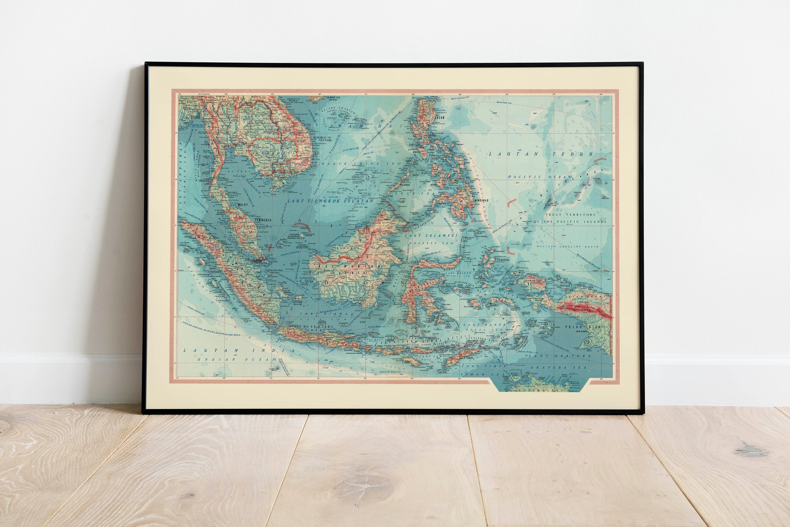 Geographical Map of South East Asia| Map Wall Decor| Vintage Map Wall Art| Poster Print| Map Wall Print| Framed Art Print| Canvas Print Map