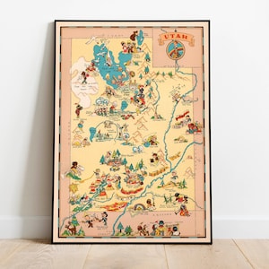 Kaart afdrukken Utah| Kunstafdrukken | Muurkunst kaart Utah uit 1935| Ingelijste muurkunst| Canvaskunst| Posterkunst| Muurkunst afdrukken| Muurafdrukken kaart