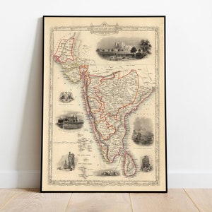 Mapa del sur de la India / Mapa antiguo Cartel Arte de la pared / Lienzo Impresión de arte de la pared / Cartel de la pared del mapa vintage / Decoración de la pared de la impresión del mapa / Arte de la pared de la India