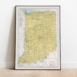 Mapa del estado de Indiana/ Impresión de mapa de Indiana vintage / Arte de pared de lienzo / Impresión de arte de pared de Indiana / Póster de mapa vintage / Mapa desplegable