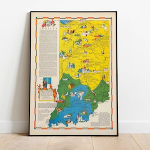 Mapa pictórico colorido de Indiana 1937/ Impresión de arte de pared de mapa antiguo/ Impresión de arte enmarcada/ Lienzo de pared de mapa vintage / Impresión de pared / Impresión de póster