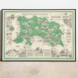 Karte von Jersey Island| Kanalinseln| Posterdruck | Gerahmtes Wandbild| Leinwanddruck Wanddeko | Wandposter| Vintage Karte Wandkunst