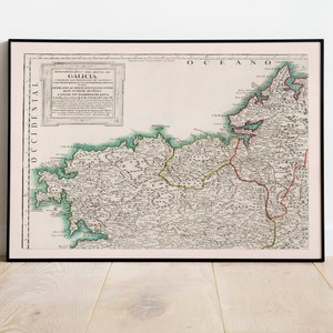 Impression de carte de Galice| Art mural d’impression sur toile| Cartes vintage d’Espagne pour la décoration murale| Affiche de carte de Galice| Cartes murales| Carte déroulante