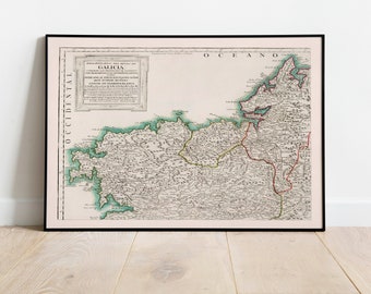 Galicia Map Print| Canvas Print Wall Art| Spain Vintage Maps for Wall Decor| Galicia Map Poster| Wall Maps| Pull Down Map