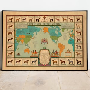 Pferde Weltkarte| Pferdekunst| Alte Landkarten| Pferde Chart Karte | Pferd Jockey| Pferd Poster| Alte Karten Wanddeko | Antike Landkarte Poster