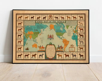 Horse Map of the World| Horse Art| Old Maps| Horses Chart Map| Horse Jockey| Horse Poster| Old Maps Wall Decor| Antique Map Poster