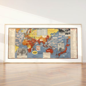 Zweiter Weltkrieg Datierte Ereignisse Bildliche Karte | WWii Karte| Weltkarte| Militärische Karte| Bildliche Kriegskarte| Karte Wand Dekor | Antike Landkarte