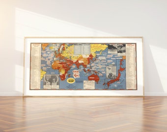 World War ii Dated Events Pictorial Map| WWii Map| World Map| Military Map| Pictorial War Map| Map Wall Decor| Antique War Map