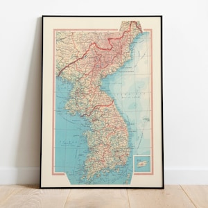 Mapa geográfico da Coreia | Decoração de parede de mapa | Arte de parede de mapa vintage | Impressão de pôster | Impressão de parede de mapa | Impressão artística emoldurada | Mapa de impressão em tela