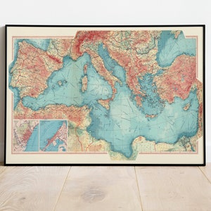 Geographische Karte von Mittelmeer | Karte Wanddeko | Vintage Karte Wandkunst| Poster| Karte Wandbild | Gerahmter Kunstdruck| Leinwanddruck Karte