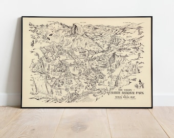 Póster de mapa animado del Parque Nacional de Yosemite/Impresión mural del Valle de Yosemite/Arte mural en lienzo de Yosemite/Póster de mapa vintage para decoración de pared
