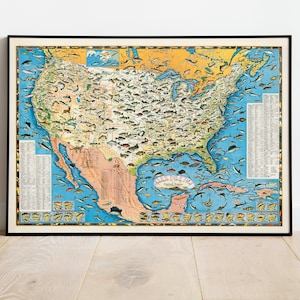 Sportsmen's Angeling Map der Vereinigten Staaten und angrenzender Gewässer Angeln Wand Kunst | Angeln Wandbild | Angeln Leinwand Wandkunst