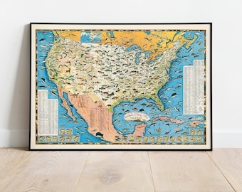 Sportsmen's Fishing Map of the United States and Neighboring Waters| Fishing Wall Art Print| Fishing Wall Print| Fishing Canvas Wall Art