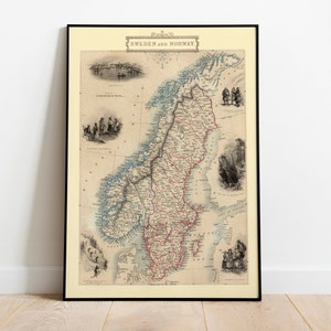 Carte historique de la Suède et de la Norvège 1851| Décor mural de vieille carte| art mural de carte vintage| Impression d’affiche| Impression d’art encadrée| Tableau sur toile Carte