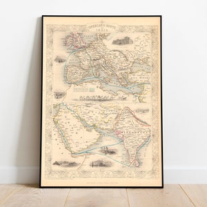 Ruta terrestre a la India 1851/ Mapa de ruta comercial/ Mapa vintage de la India/ Mapa mediterráneo vintage/ Compañía de las Indias Orientales/ Bombay/ Calcuta