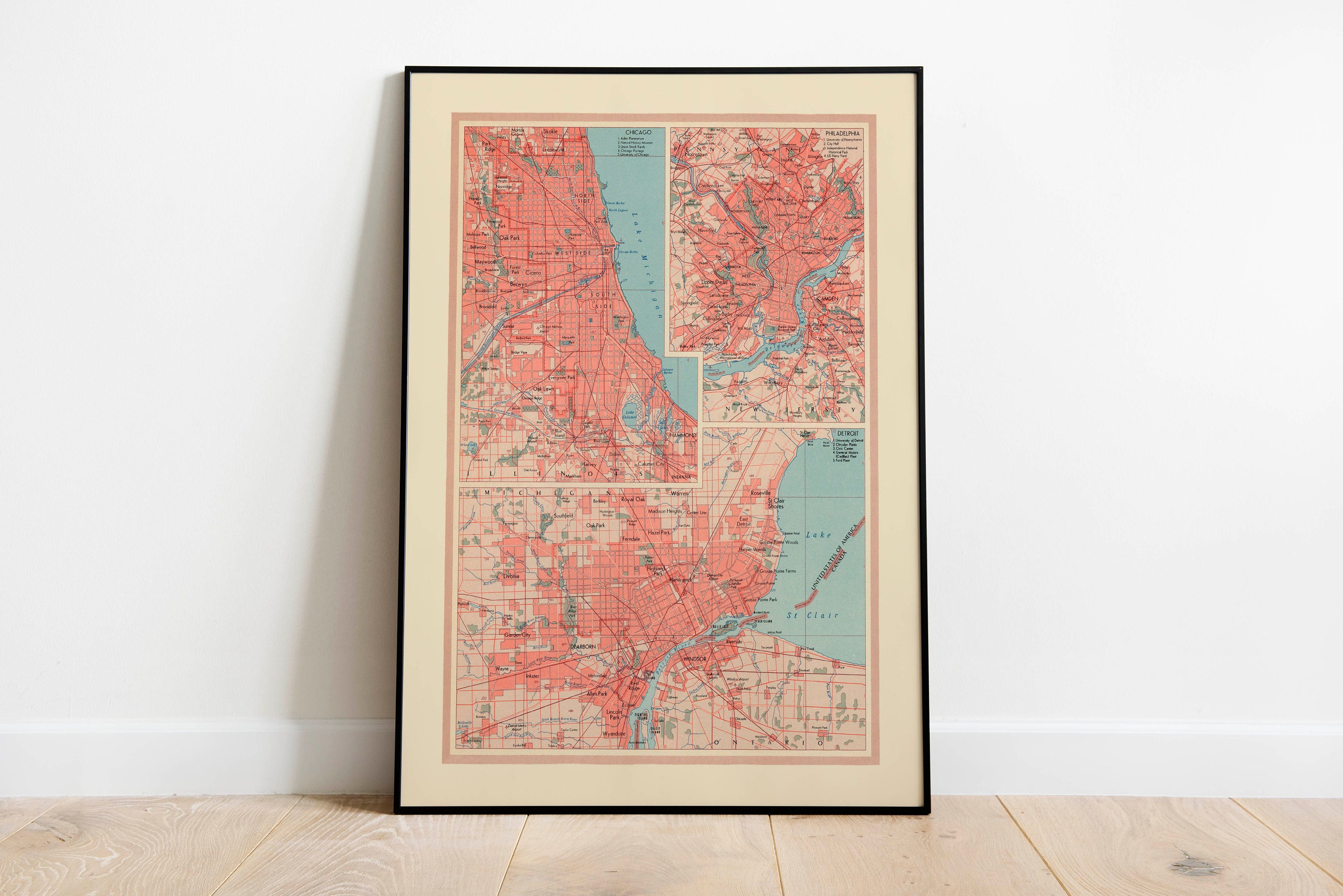 Geographische Karte von Chicago, Detroit und Philadelphia Karte Wanddeko  Karte Wandkunst Poster Karte Wandbild Gerahmter Druck Leinwanddruck Karte -  Etsy Österreich