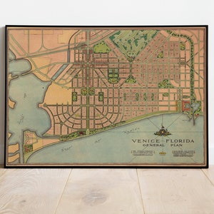 Muurafdruk stadskaart Venetië| Ingelijste kaart wanddecoratie| 1890 Florida kaart kunstafdruk | Posterafdruk| Muurkunst canvasafdruk| Kaart muurkunstposter