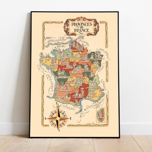 Frankreich Provinzen Karte Drucken | Vintage Frankreich Karte Poster | Frankreich Karte Leinwand Wandkunst| Alte Landkarte Frankreich Wandbild | Pull Down Map