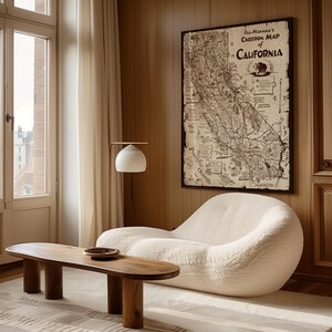 Mapa de dibujos animados de California de 1939, póster enmarcado, impresión artística en lienzo, decoración de pared