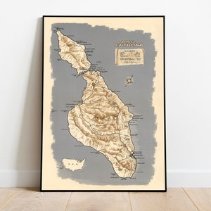 Impressão de parede do mapa da ilha de Santa Catalina | Poster velho da parede do mapa de Santa Catalina | Tela de arte de parede de Santa Catalina | Pôster vintage