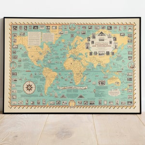 Mapa de navegación y exploración/ Historia del arte/ Mapa mundial Arte de pared/ Arte de pared enmarcado/ Arte de lienzo/ Arte de póster/ Impresión de arte de pared/ Impresiones de pared de mapas