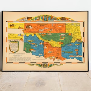 Bunte bildliche Karte von Oklahoma 1937| Alte Karte Wand Kunstdruck | Gerahmter Kunstdruck| Vintage Karte Wand Leinwand| Wandbild| Posterdruck