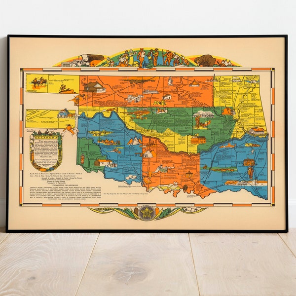 Colorful Pictorial Map of Oklahoma 1937| Old Map Wall Art Print| Framed Art Print| Vintage Map Wall Canvas| Wall Print| Poster Print