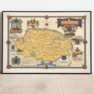 Impresión de póster de mapa de Norfolk/ Arte de pared de mapa vintage / Póster de mapa de Norwich / Mapa desplegable / Impresión de mapa de pared / Arte de pared de mapa de Norfolk