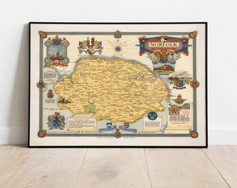 Norfolk Map Poster Print| Vintage Map Wall Art| Norwich Map Poster| Pull Down Map| Wall Map Print| Norfolk Map Wall Art