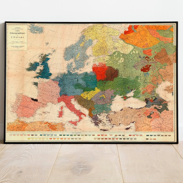 Swiss Ethnographic Map of Europe in 1918| Ethnographic Map| Antique Europe Map| WWI Map| Carte Ethnographique de l'Europe| Wall Art