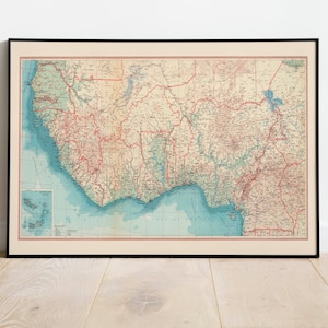 Mapa geográfico de África Occidental/ Decoración de la pared del mapa/ Arte de la pared del mapa vintage / Póster / Impresión de la pared del mapa / Impresión de arte enmarcado / Mapa de impresión de lienzo