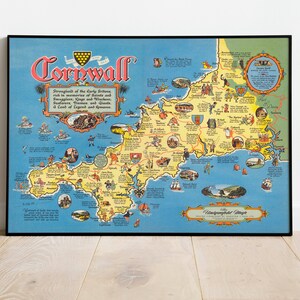 Landkarte von Cornwall | Kunstdruck auf Leinwand | UK Vintage Karten für Wand-Dekor | Cornwall Karte Poster | Wandkarte von Cornwall | Pull Down Map