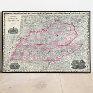 Mappa del 1862 del Kentucky e del Tennessee/Vecchia mappa del Tennessee/Vecchia mappa del Kentucky/Mappa antica per la decorazione/Mappa di riproduzione vintage degli Stati Uniti