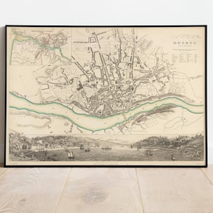 Impresión de pared del mapa de la ciudad de Oporto/ Mapa de Oporto de 1833 / Impresión de póster / Arte de pared con impresión de lienzo / Cartel de arte de pared de mapa antiguo / Decoración de pared de mapa enmarcado