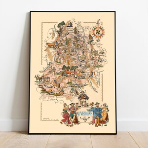 Dekorative Karte der Region Auvergne, Frankreich| Vintage Karte Kunst| Leinwandbild | Home Wandbild| Wanddeko Poster