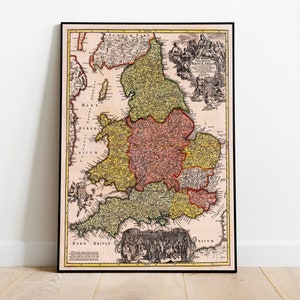 Großbritannien Karte Wandbild | England Karte| Posterdruck | Leinwandbild Wandkunst| Alte Karte Wand Kunst Poster | Gerahmte Landkarte als Wanddeko