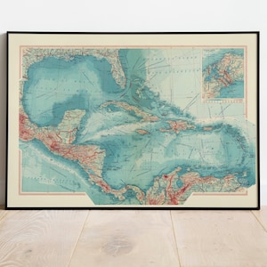 Karte von Mittelamerika und Westindien| Karte Wanddeko | Karte Wandkunst| Posterdruck | Karte Wandbild | Gerahmter Kunstdruck| Leinwanddruck Karte