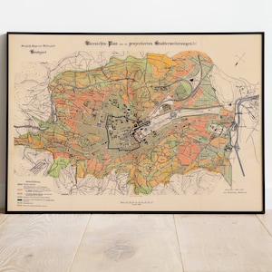 Stuttgart City Map Wandbild| Gerahmte Karte Wanddeko | 1897 Stuttgart Karte Kunstdruck | Posterdruck | Kunstdruck auf Leinwand | Karte Wandkunst Poster