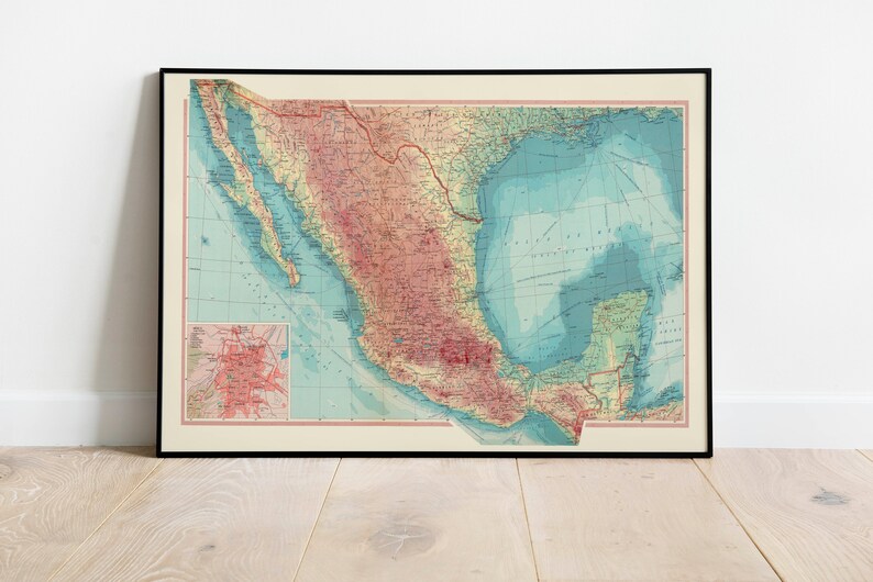 Geographical Map of Mexico Map Wall Decor Vintage Map Wall Etsy