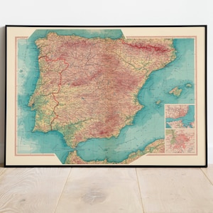 Mapa geográfico de España y Portugal/ Decoración de la pared del mapa/ Arte de la pared del mapa/ Impresión de carteles/ Impresión de la pared del mapa/ Impresión de arte enmarcado/ Mapa de impresión de lienzo