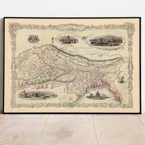 Affiche de carte de l’Inde du Nord| carte vintage Inde| Impressions murales de carte de l’Inde| Art mural d’impression sur toile| Déroulez la carte| Impressions de cartes encadrées