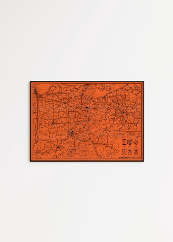 Vintage Indiana, Ohio, Kentucky Road Map Print: USA Wall Art - Etsy