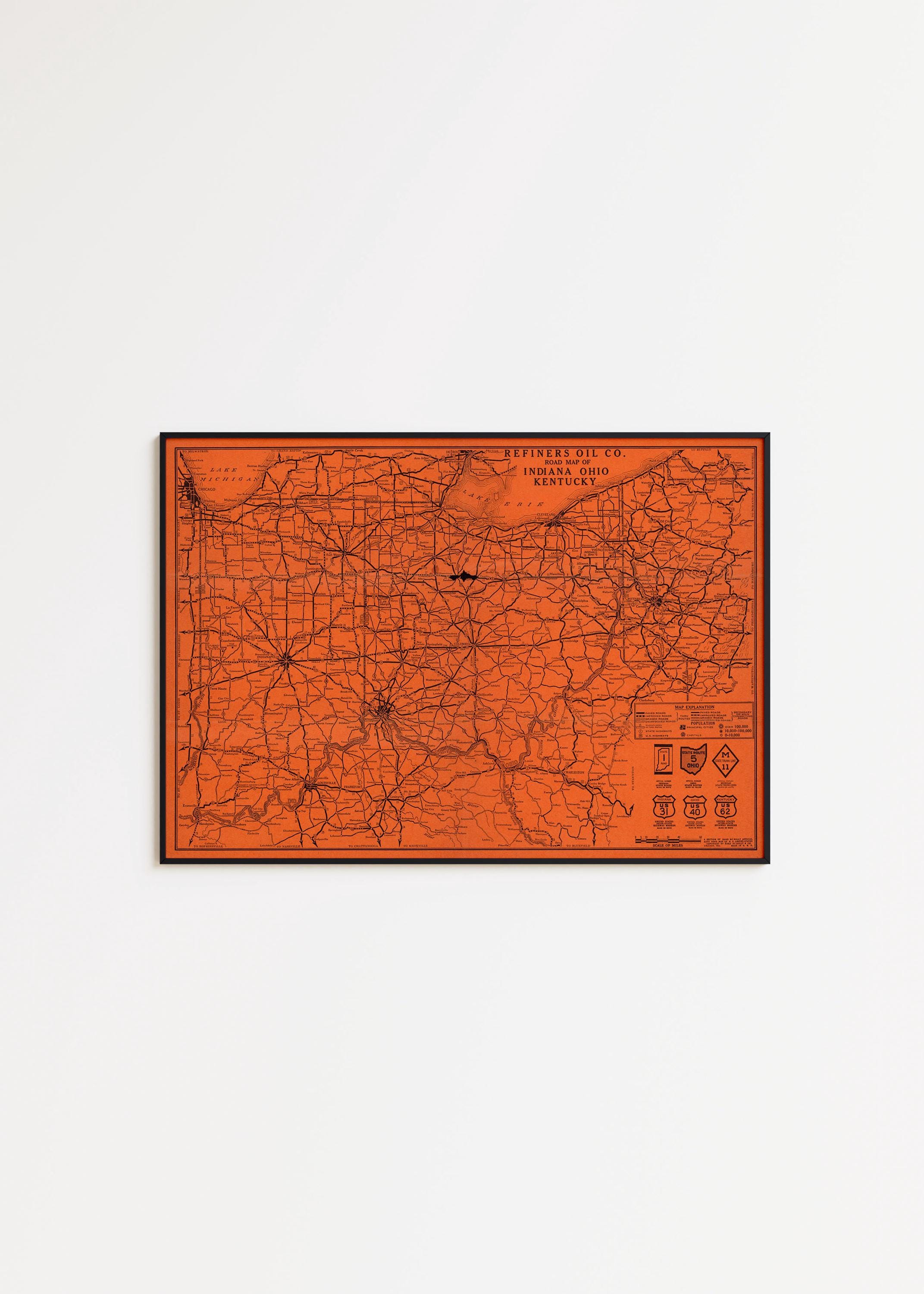 Vintage Indiana, Ohio, Kentucky Road Map Print: USA Wall Art - Etsy