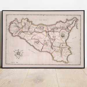 Karte der Insel Sizilien| Vintage Sizilien Karte Print | Sizilien Leinwand Kunst| Alte Karte von Sizilien, Italien| Poster Vintage