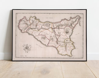 Map of island of Sicily| Vintage Sicily Map Print| Sicily Canvas Wall Art| Old Map of Sicily, Italy| Poster Vintage