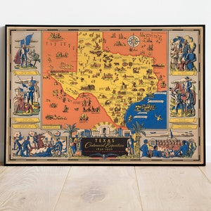 Texas Karte Wandbild | Alte Karte von Texas| Posterdruck | Kunstdruck auf Leinwand | Alte Karte Wand Kunst Poster | Gerahmte Landkarte als Wanddeko
