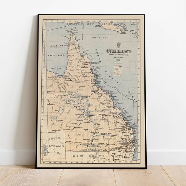 Map of Queensland 1898| Vintage Map Prints of Australia| Poster Wall Decor| Art Canvas Wall Decor| Old Map Print Wall Art| Poster Art