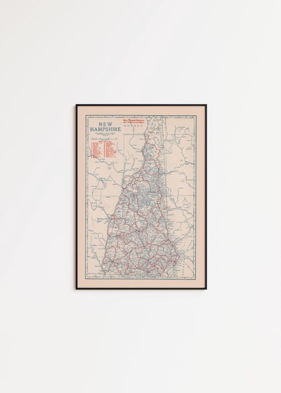 Vintage 1920 New Hampshire Road Map: Framed Poster, Canvas Art Print